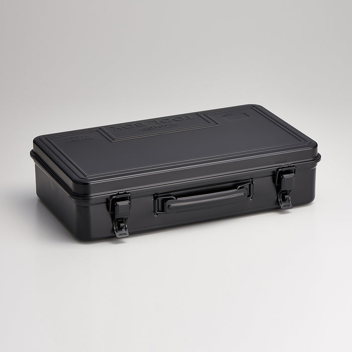 Black Toyo steel toolbox T-360 with handle and dual metal latches, shown closed on a neutral background.