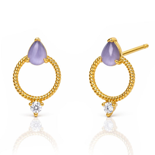 Open Circle Stud W Purple Glass & Cz Accent Stones