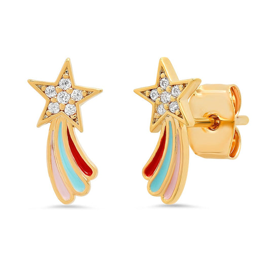 Pave CZ And Enamel Rainbow Shooting Star Studs