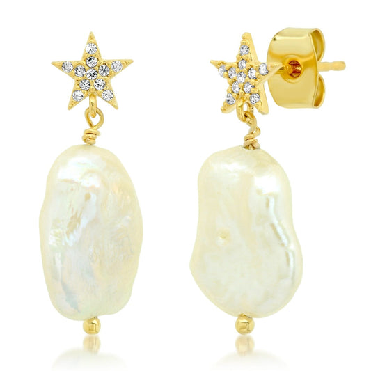 Pave CZ Star And Baroque Pearl Earrings