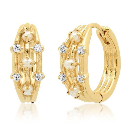 Small Triple Row Gold Hoop With Pearl And Cz Accents
