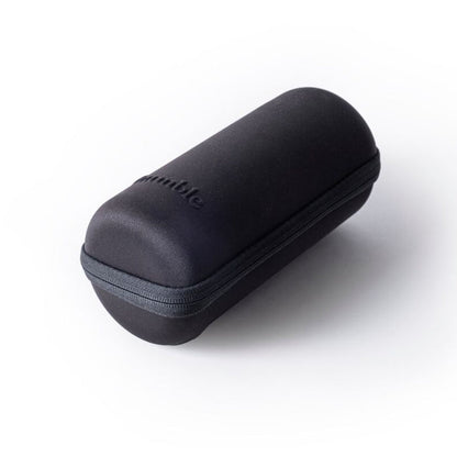 A black travel case with a zipper, possibly made of hard plastic or metal, with the brand name visible on the top