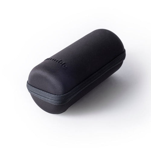 A black travel case with a zipper, possibly made of hard plastic or metal, with the brand name visible on the top