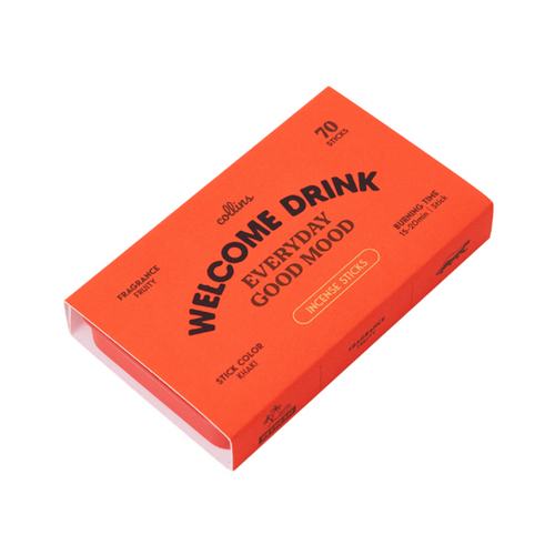 Bright orange Collins Everyday Good Mood incense box labeled “Welcome Drink,” fruity-scented incense sticks in bold modern packaging on a clean white background.