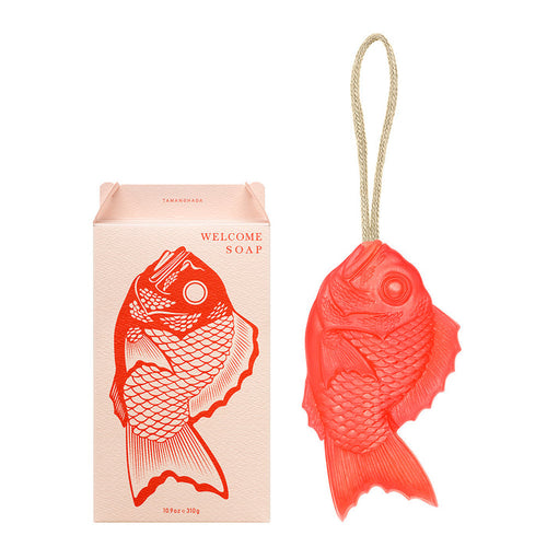 Tamanohada Welcome Soap fish-shaped Japanese soap with hanging rope and illustrated gift box packaging, decorative luxury bath soap.