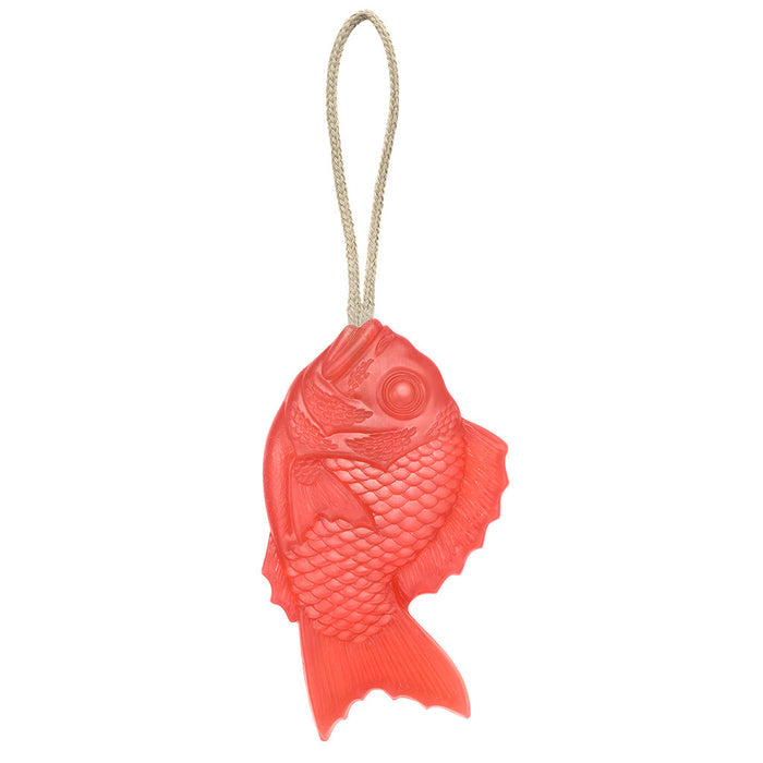 Red fish-shaped Tamanohada Welcome Soap with hanging rope, decorative Japanese bath soap inspired by traditional tai fish design.