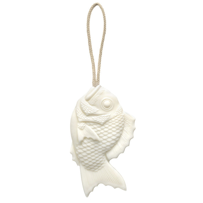 White fish-shaped Tamanohada Welcome Soap with hanging rope, decorative Japanese bath soap inspired by traditional tai fish design.