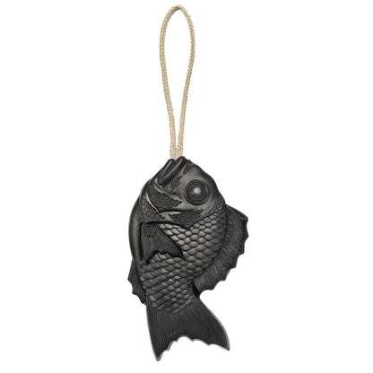 Black fish-shaped Tamanohada Welcome Soap with hanging rope, decorative Japanese bath soap inspired by traditional tai fish design.