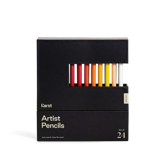 Karst Artist Colored Pencils Set of 24 in premium black box, eco-friendly woodless artist pencils for drawing, sketching, coloring, and creative art projects.