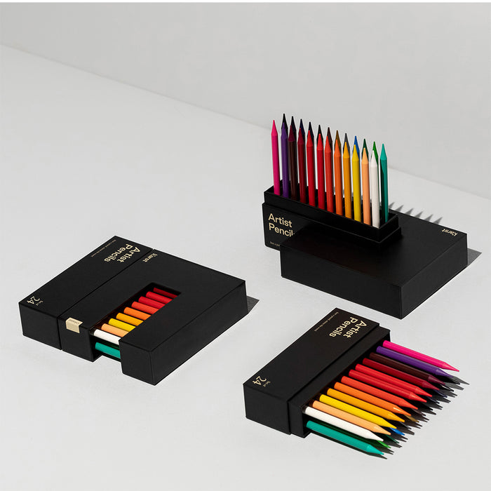 Karst Artist Colored Pencils set of 24 displayed in premium black packaging, eco-friendly woodless colored pencils for drawing, sketching, coloring, and professional art projects.