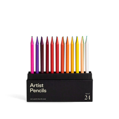 Karst Artist Colored Pencils set of 24 displayed in black holder, eco-friendly woodless colored pencils for drawing, sketching, coloring, and creative art projects.