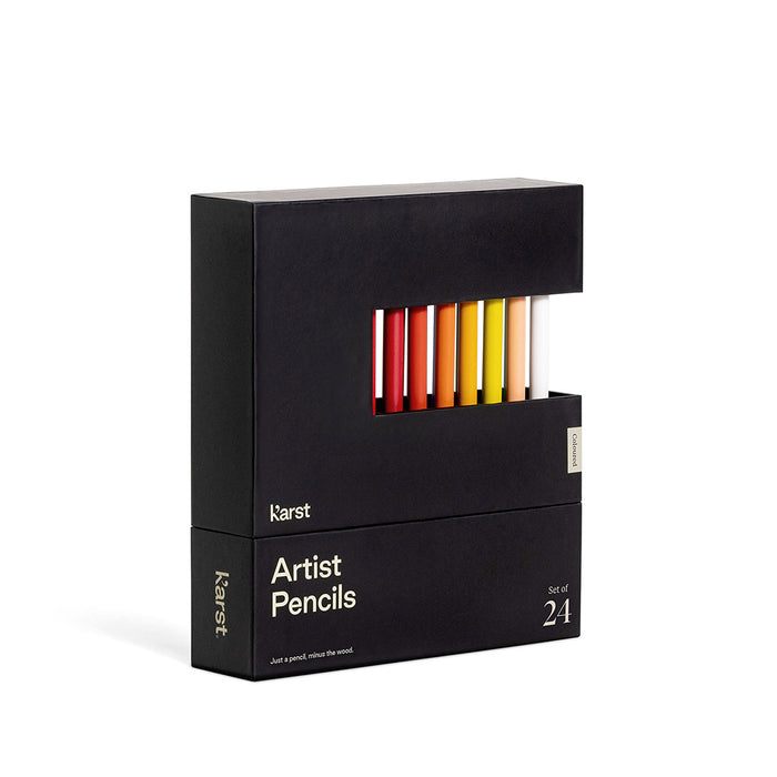 Karst Artist Colored Pencils set of 24 in premium black storage box, woodless colored pencil set for drawing, coloring, sketching, and professional art supplies.